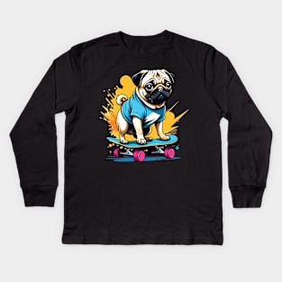 Pug on a Skateboard Kids Long Sleeve T-Shirt